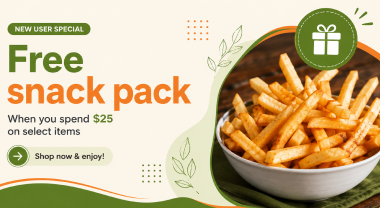 Free snack pack when you spend $20 on select items.